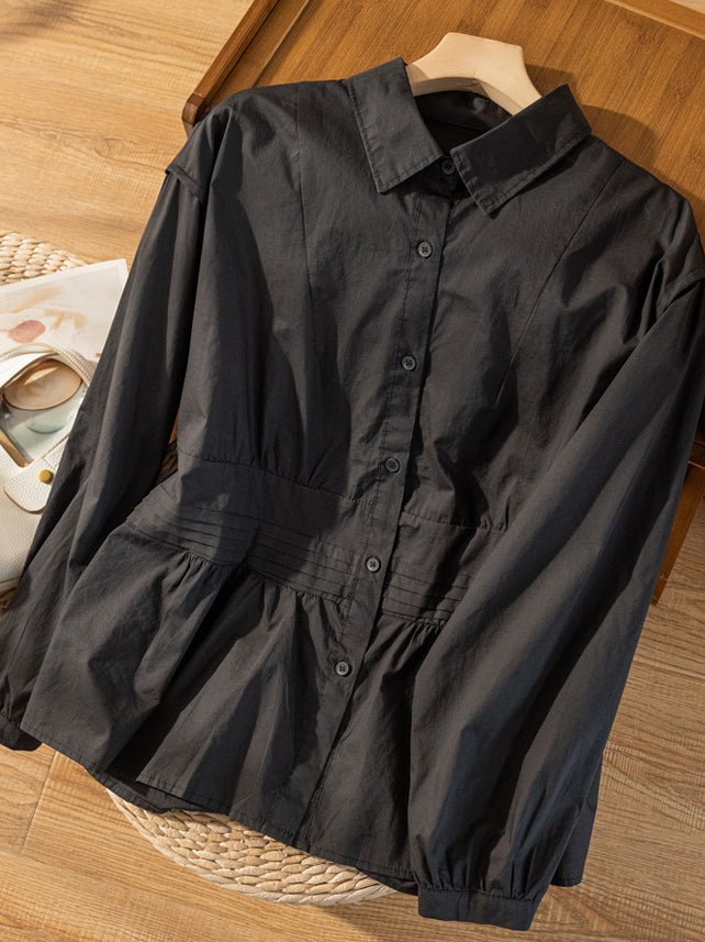 100% Natural Fabric Pleated Button Long Sleeve Loose Shirt