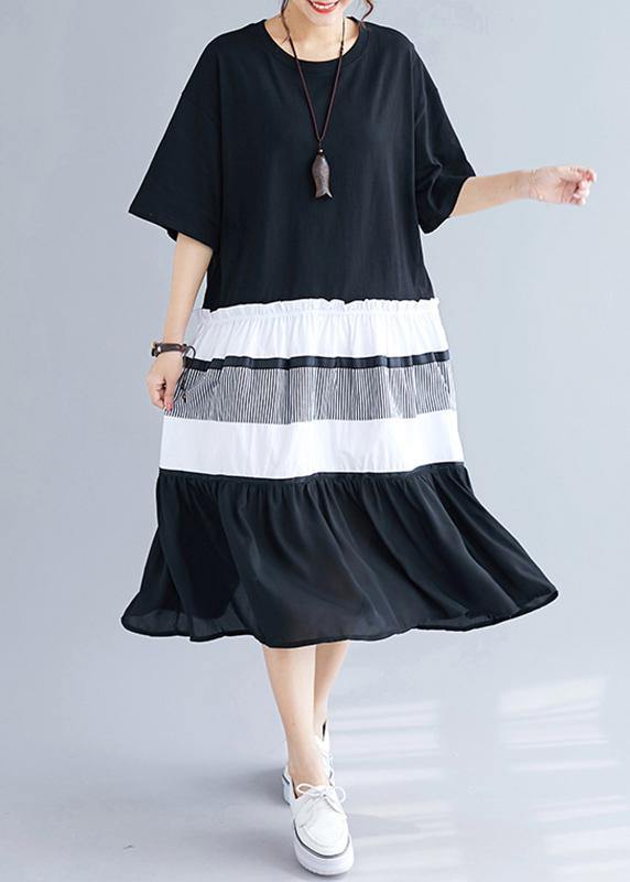 Black Patchwork Cotton Tunics for O Neck Long Summer Dress