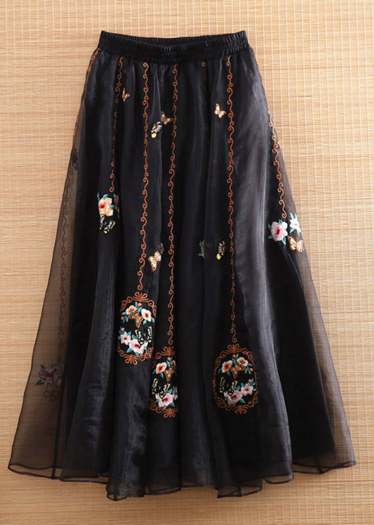 Black Elastic Waist Embroideried Tulle Maxi Skirts Summer