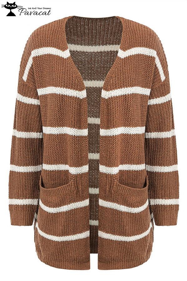 V Neck Striped Pocket Cardigan