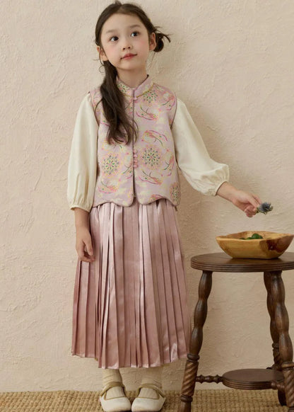Chinese Style Print Stand Collar Print Kids Waistcoat Top and Maxi Skirts Three Pieces Set Spring