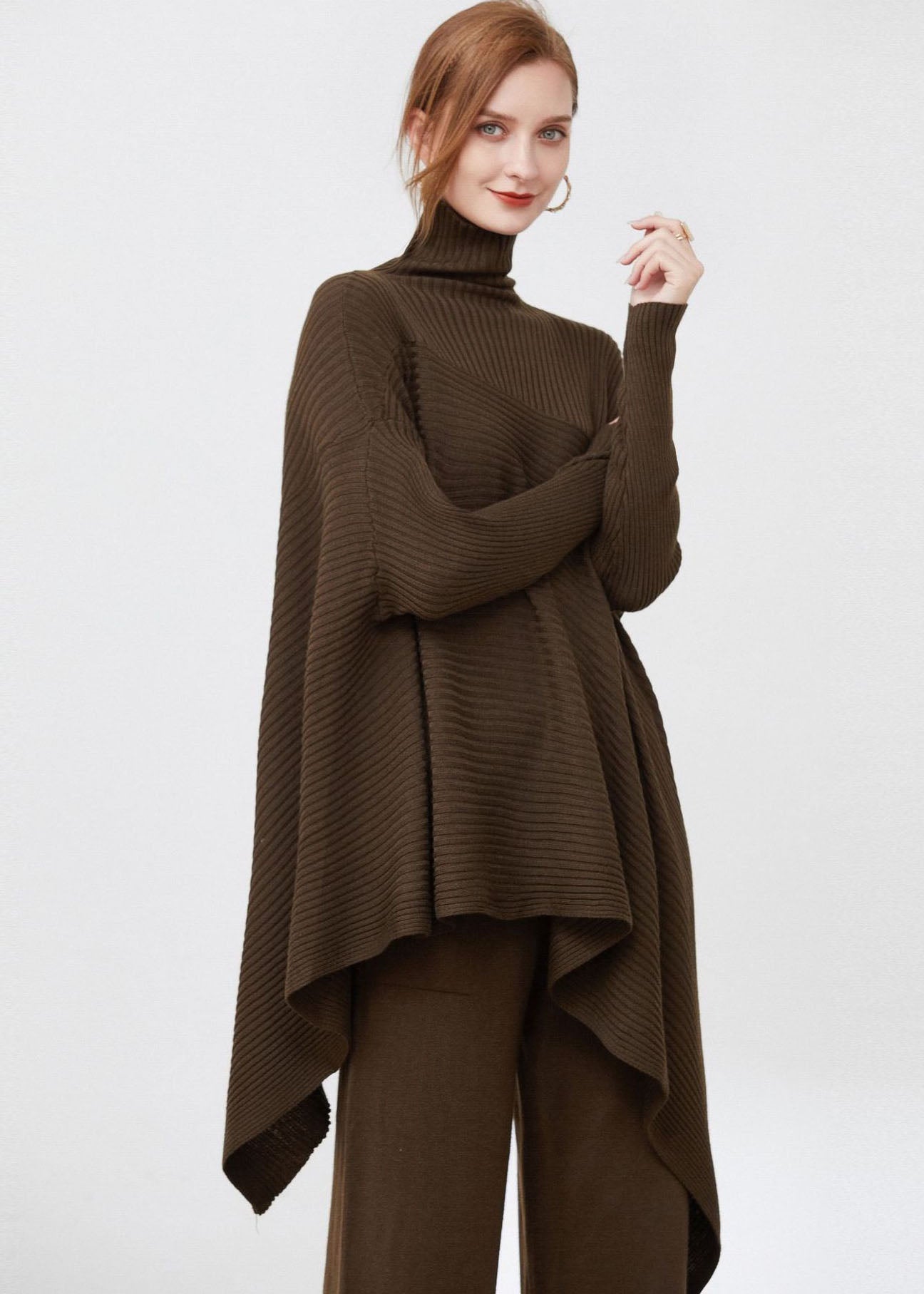 French Coffee Turtle Neck Patchwork Striped Wool Knitted Tops Long Sleeve