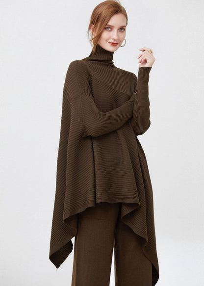 French Coffee Turtle Neck Patchwork Striped Wool Knitted Tops Long Sleeve
