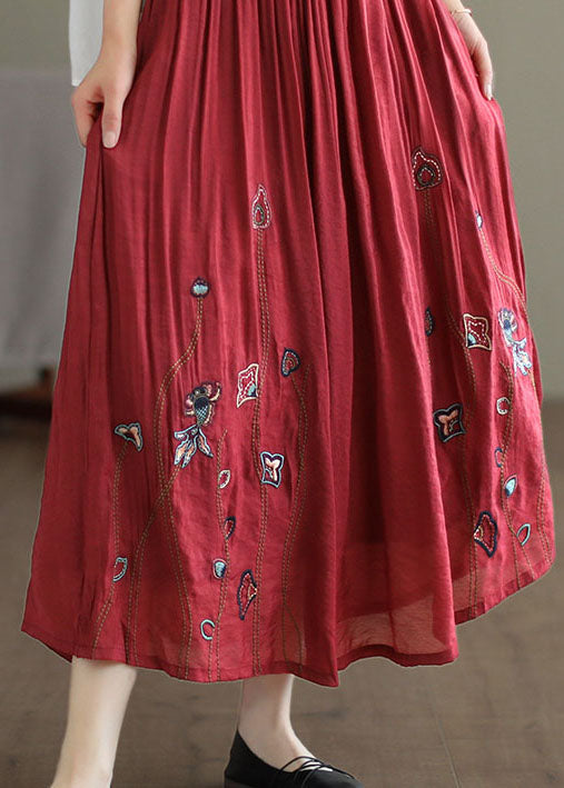 Red Linen Silk a Line Skirts Embroideried Exra Large Hem Spring