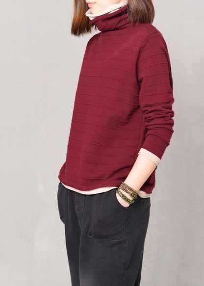 Pullover Hige Neck Knitted Tops Oversize False Two Pieces Patchwork Color Sweater Red