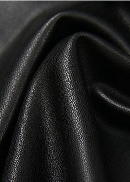 Black Elastic Waist Lace Patchwork Faux Leather Skirt Spring
