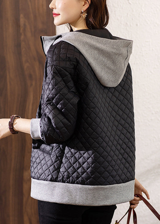 Black Hooded Zippered Patchwork Cotton Coat Winter