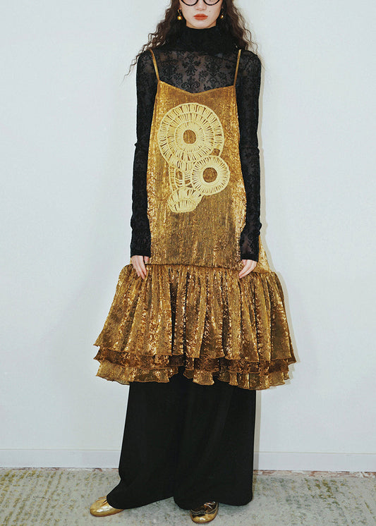 Gold Wrinkled Original Design Spaghetti Strap Dress Sleeveless