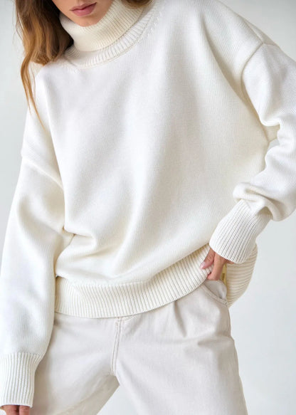 Simple Loose White Hign Neck Thick Knit Sweaters Fall