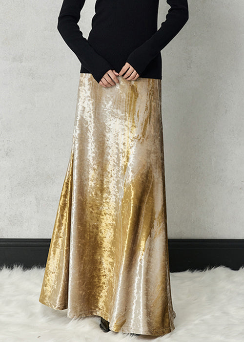 Yellow Tie Dye High Waist Silk Velvet Skirts Spring