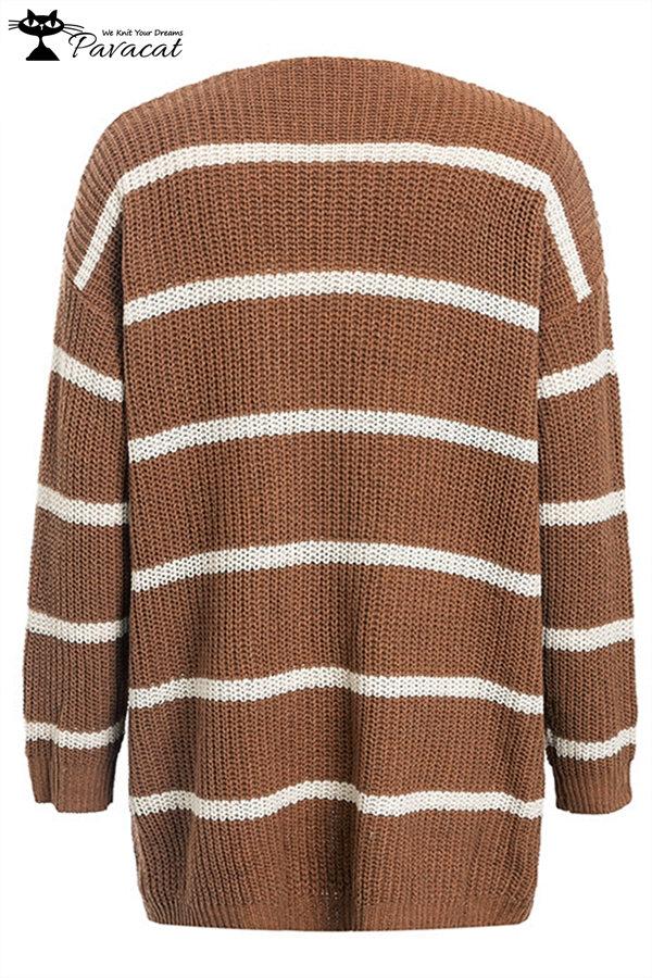 V Neck Striped Pocket Cardigan