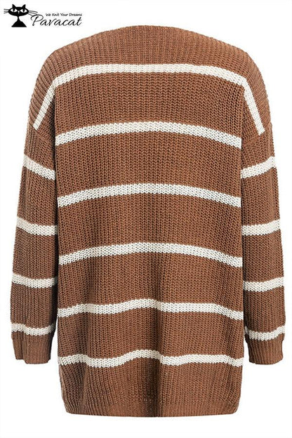 V Neck Striped Pocket Cardigan