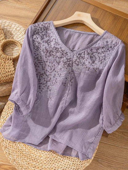 Embroidered V Neck 3/4 Sleeve Linen Top