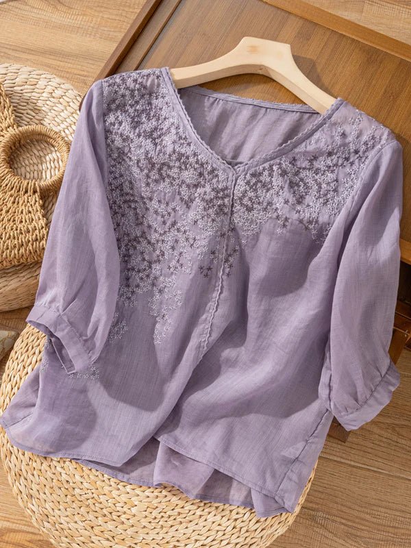 Embroidered V Neck 3/4 Sleeve Linen Top