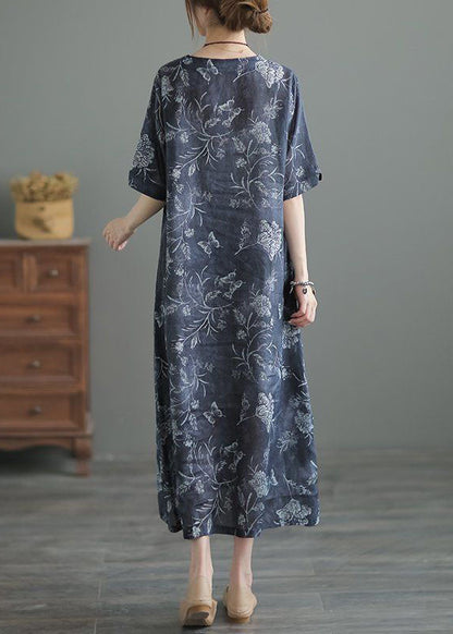Navy O Neck Print Pockets Patchwork Linen Long Dresses Summer