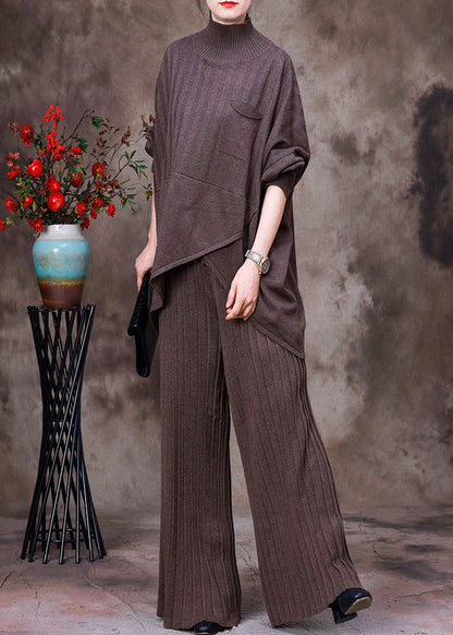 Dark Coffee Colour Asymmetrical Knit Sweaters and Pants Two Piece Set Fall