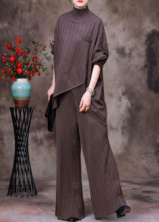 Dark Coffee Colour Asymmetrical Knit Sweaters and Pants Two Piece Set Fall