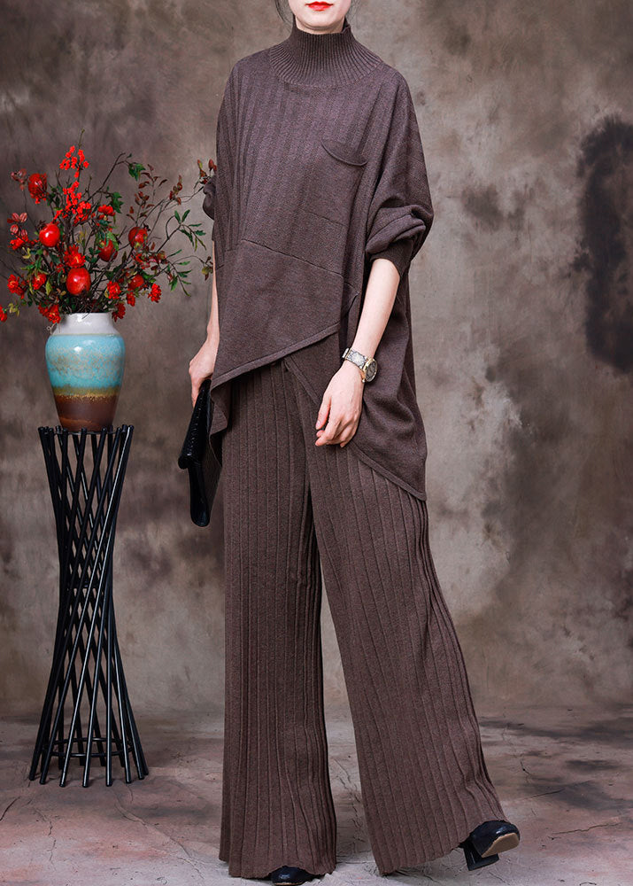 Dark Coffee Colour Asymmetrical Knit Sweaters and Pants Two Piece Set Fall