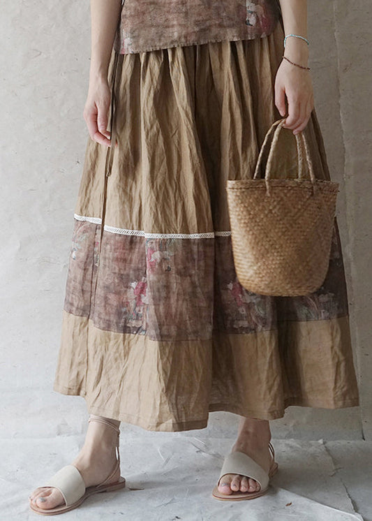 Natural Green Elastic Waist Drawstring Print Patchwork Linen Skirt Spring