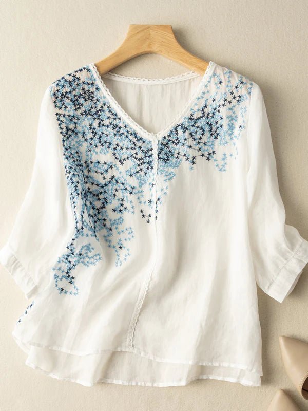 Embroidered V Neck 3/4 Sleeve Linen Top