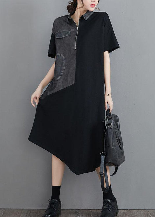 Classy Grey Patchwork Peter Pan Collar Pockets Long Summer Cotton Dress