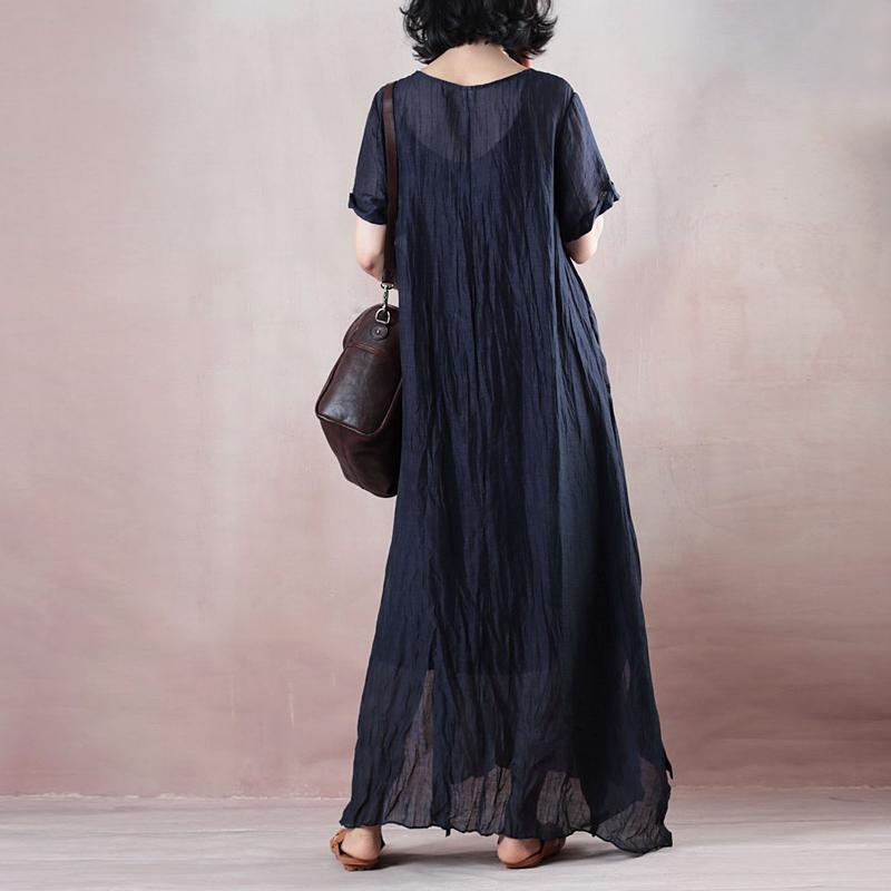 Boutique Blue Silk Linen Dresses O Neck Baggy Dresses Tie Waist Caftans Short Sleeve a Line Skirts