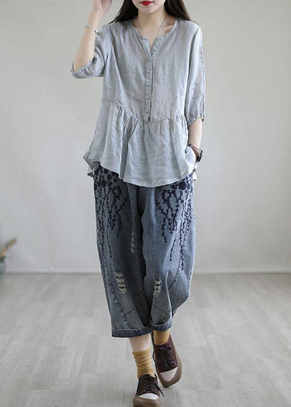 Blue Embroidered Summer Denim Pants