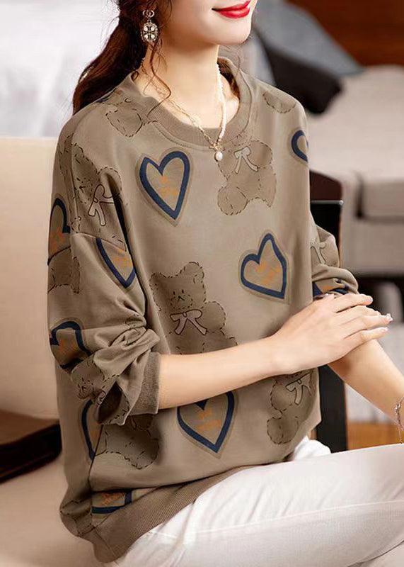 Coffee O Neck Print Patchwork Cotton Sweatshirt Fall