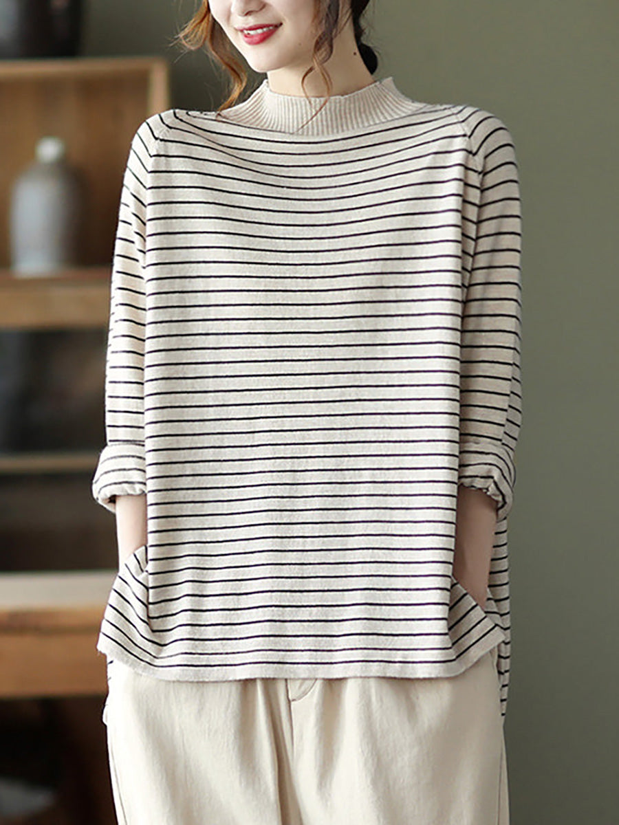 - Stripes Turtleneck Knitted Long Sleeve Sweater