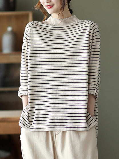 - Stripes Turtleneck Knitted Long Sleeve Sweater