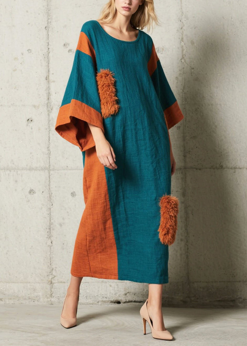 Colorblock Asymmetrical Patchwork Faux Fur Dresses Batwing Sleeve