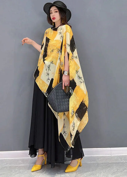 Yellow Asymmetrical Print Chiffon Tops and Skirts Two Piece Outfit Summer