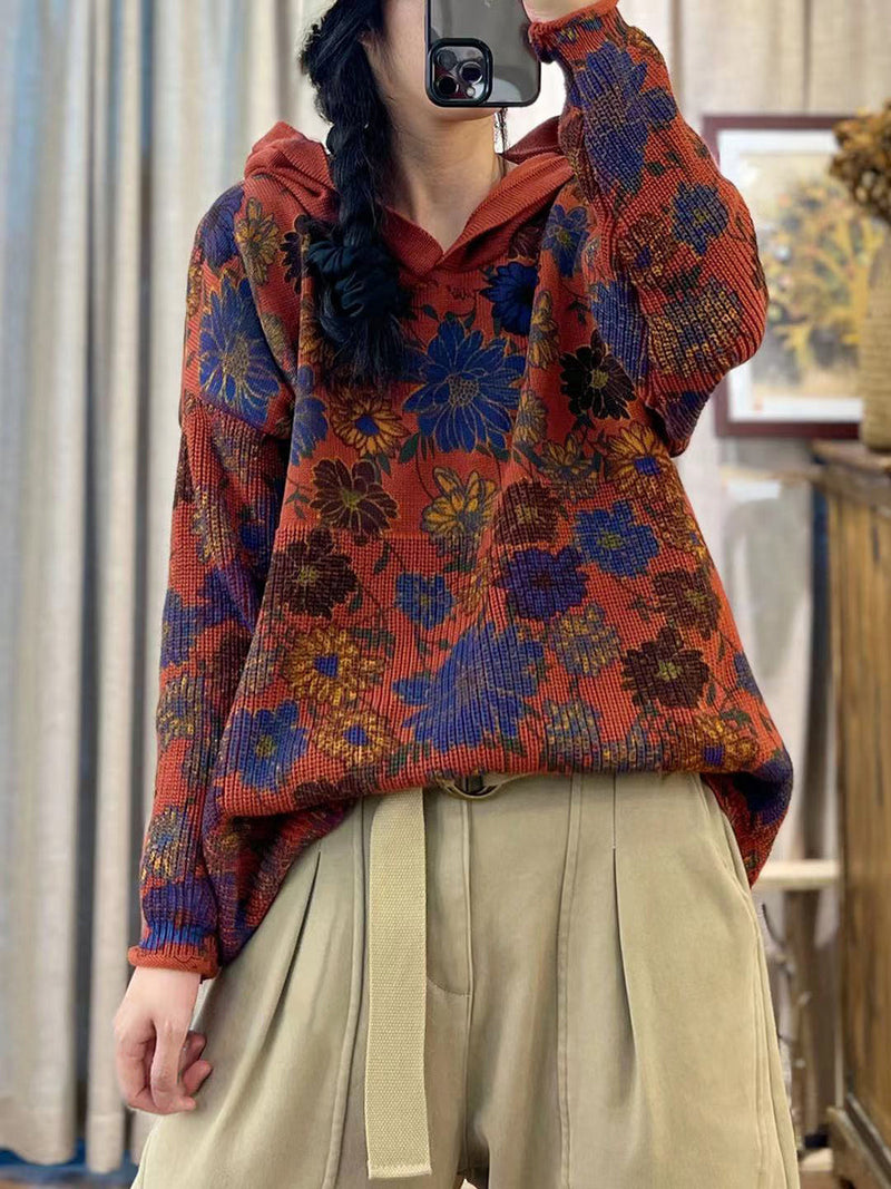 Autumn Cotton Print Hooded Loose Sweater