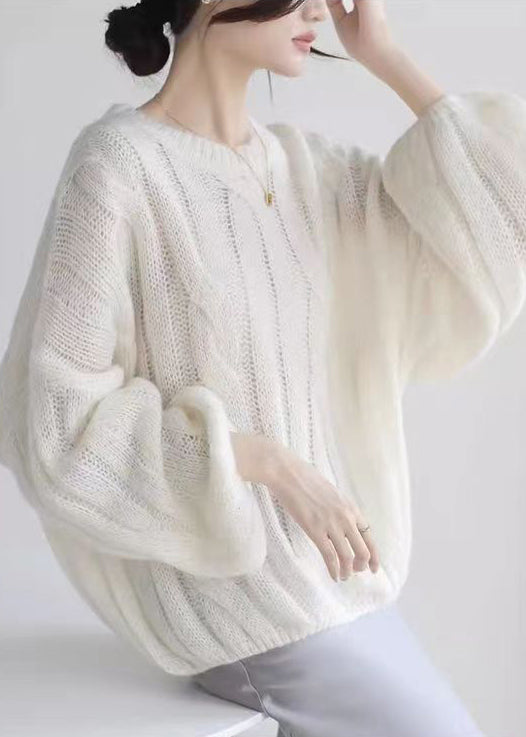 Loose White Hollow Out Cozy Woolen Shirt Puff Sleeve