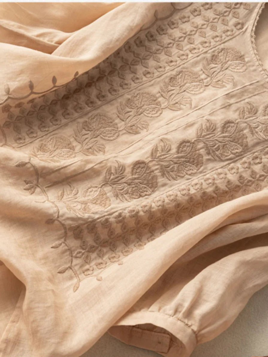 Embroidered Round Neck Half Sleeve Linen Tee Top