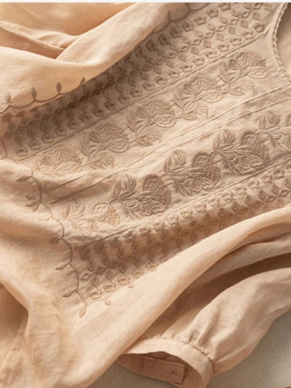Embroidered Round Neck Half Sleeve Linen Tee Top