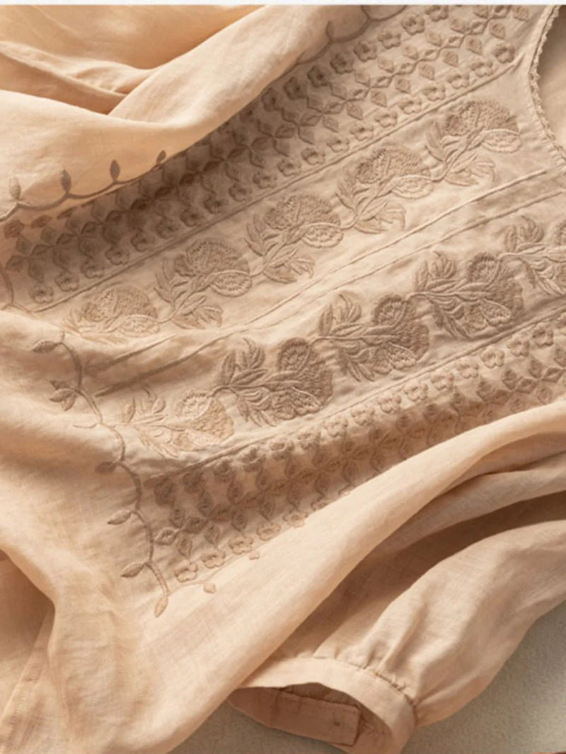 Embroidered Round Neck Half Sleeve Linen Tee Top