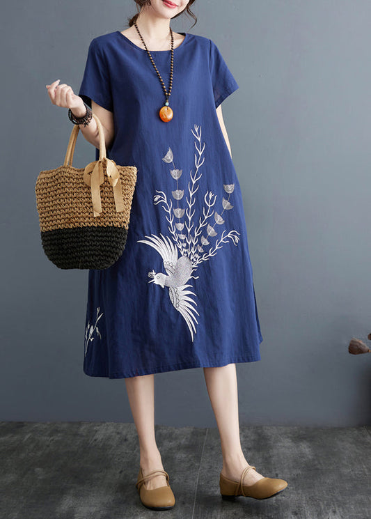 Boutique Navy Phoenix Embroidered Linen Dress Summer