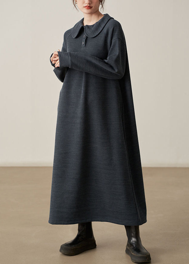 Dark Gray Cotton Knit Dresses Peter Pan Collar Long Sleeve