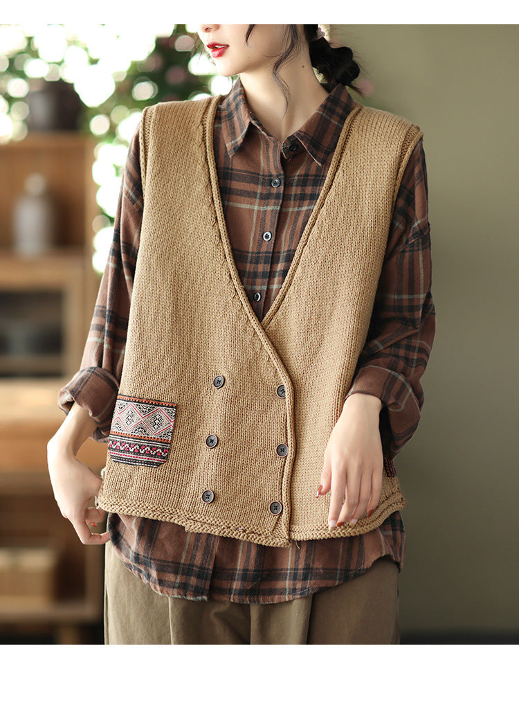 Knit Loose Double-breasted Patch Vest