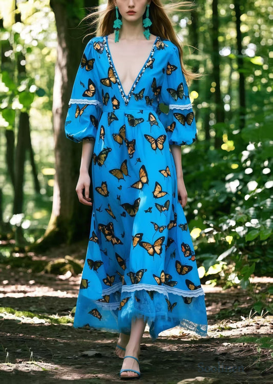 French Blue Deep-v Neck Print Cotton Long Dresses Lantern Sleeve