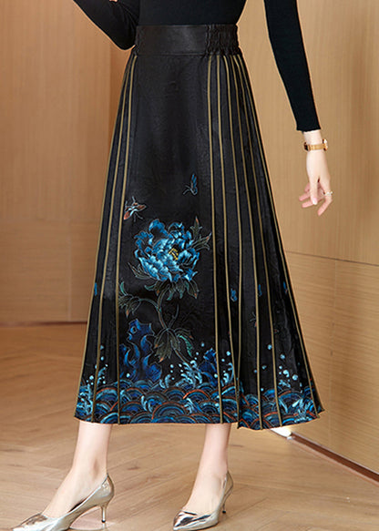 Blue Print Wrinkled High Waist Silk Skirt Spring