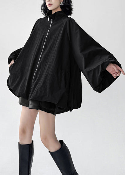 Black Zip Up Pockets Cotton Coats Fall