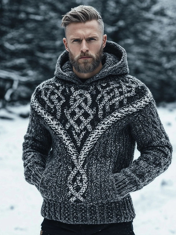 Men's Vintage Viking Inspired Celtic Knot Knit Hooded Sweater artswardrobe