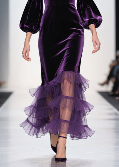 Purple V Neck Ruffled Patchwork Velvet Maxi Dresses Fall