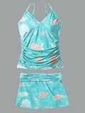 V-Neck Vintage Fish Print Suspender Skirt Tankini Pantskirt Set Swimsuit
