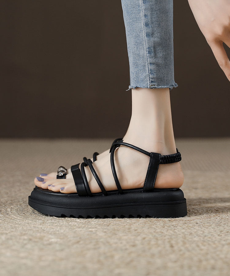 Splicing Platform Sandals Black Cowhide Leather Peep Toe