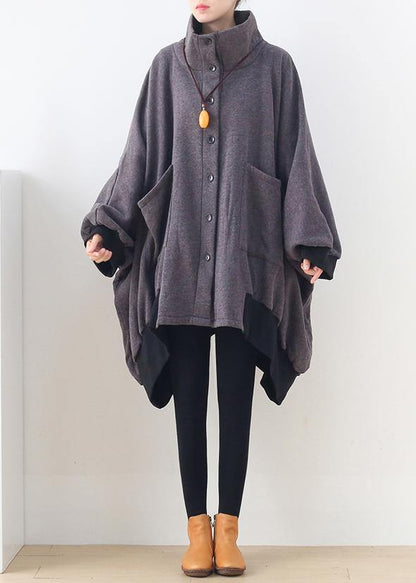 Gray Tunic Pattern Outfits High Neck Zippered Fall Coat