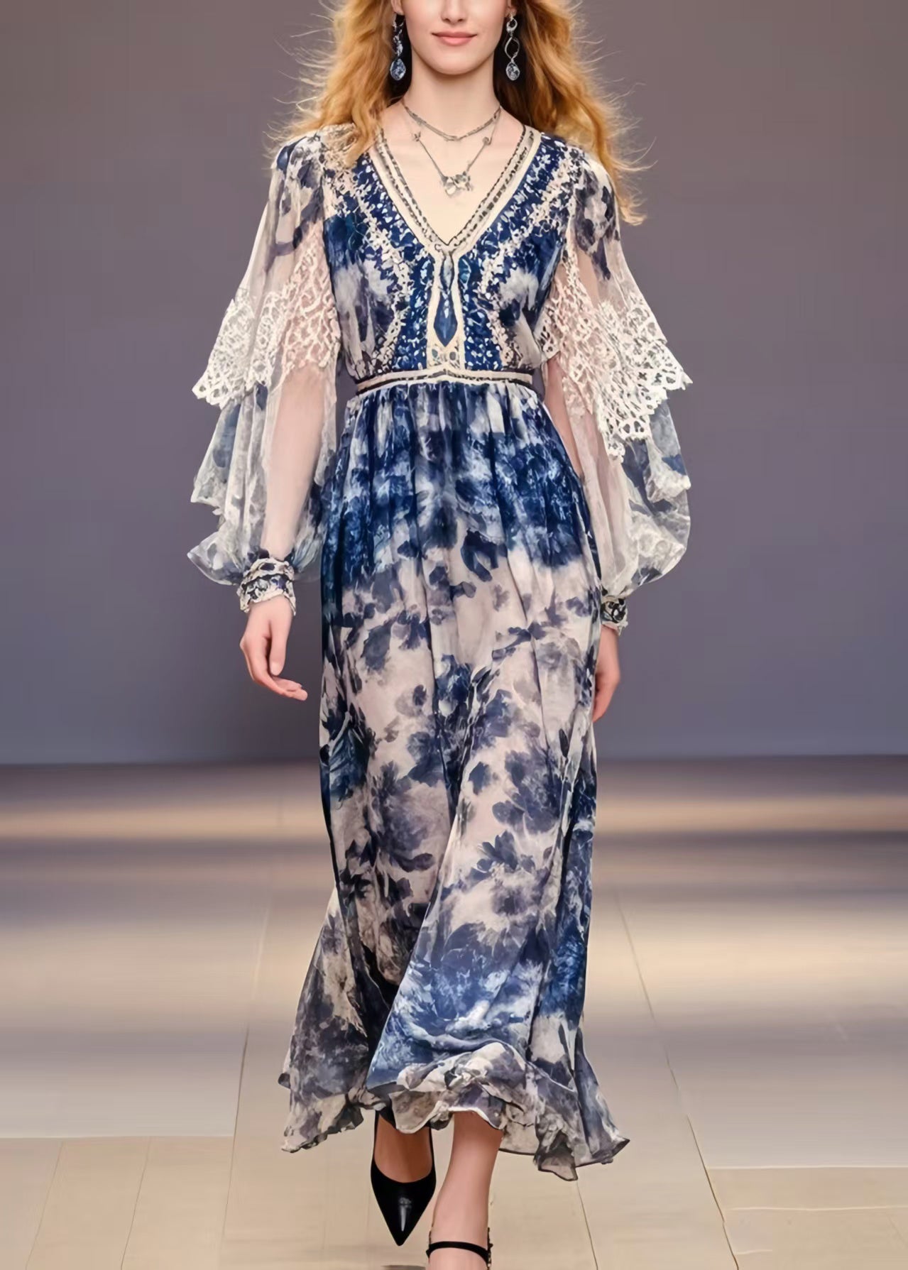 Navy Print Chiffon Party Dress Lantern Sleeve