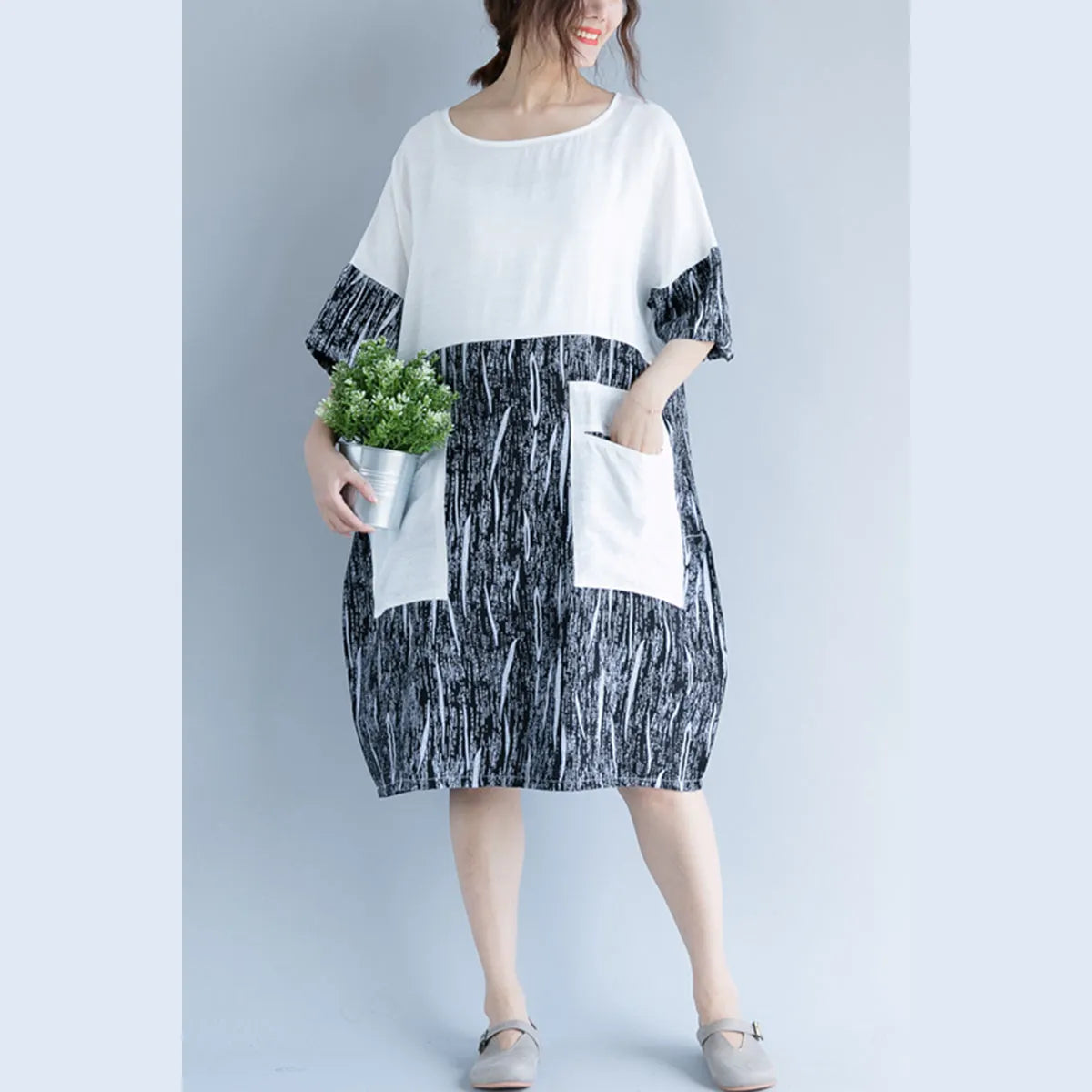 Baggy White Cotton Shift Dress Oversize Dress Patchwork O Neck Short Sleeve Cotton Dress